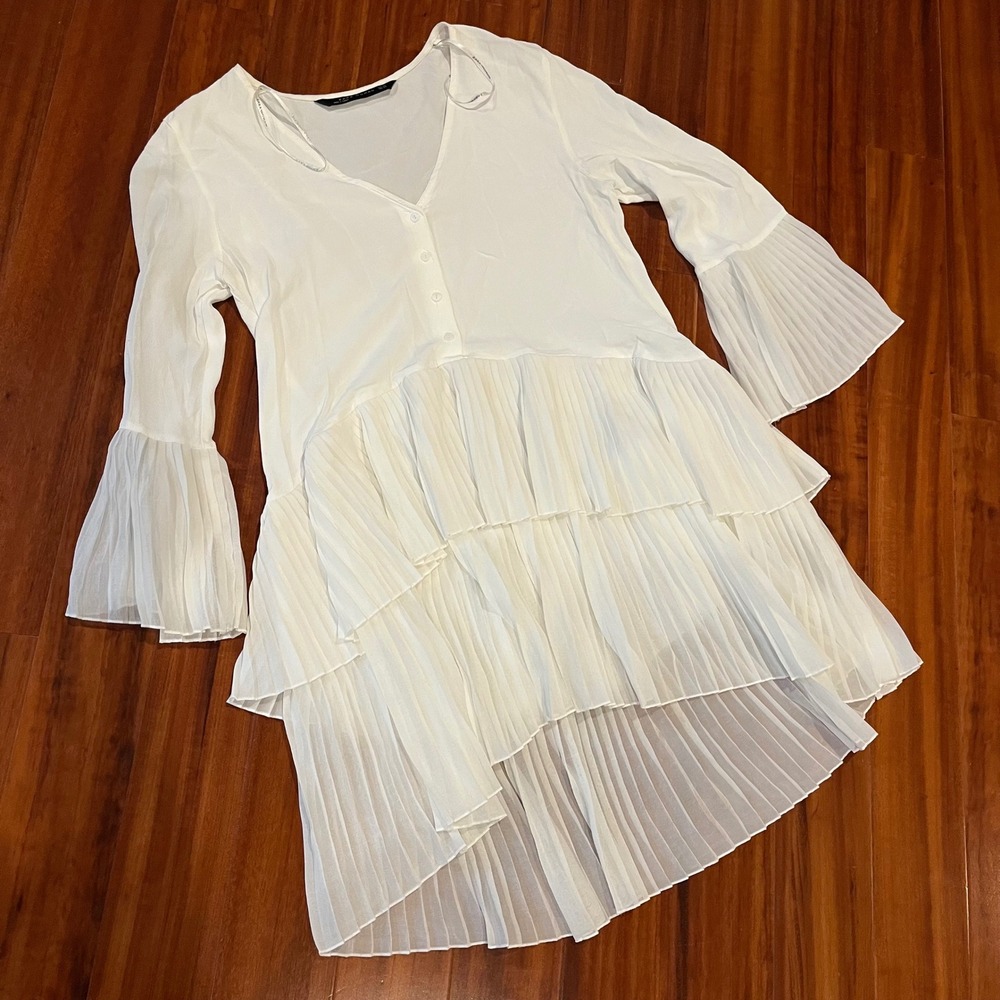 ZARA White Top Dress Tunic White Pleat Tiered Ruffle Bell Long Sleeve V-Neck XS